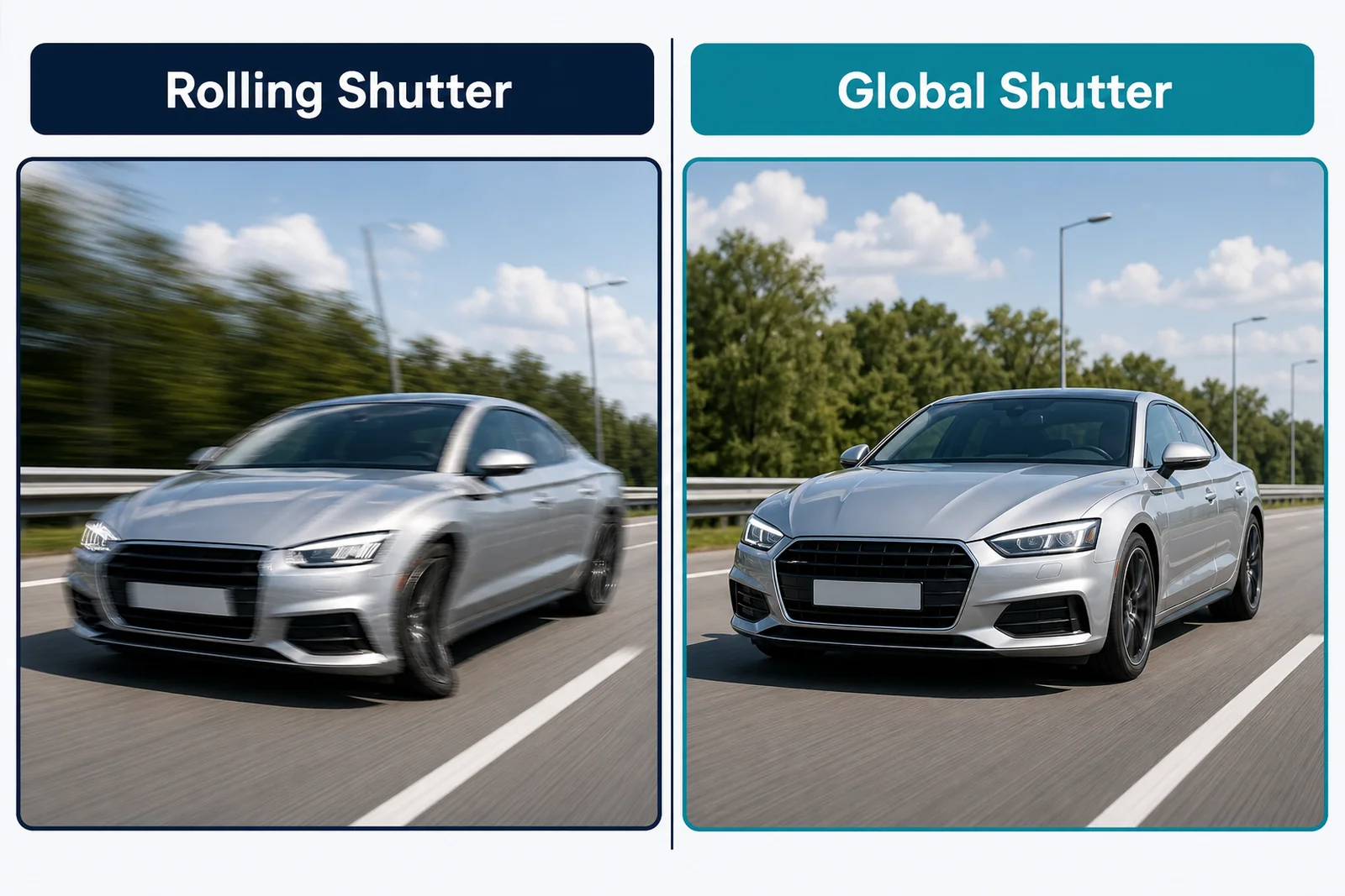 Comparison of a fast vehicle captured with a rolling shutter (distorted) versus a global shutter (sharp)