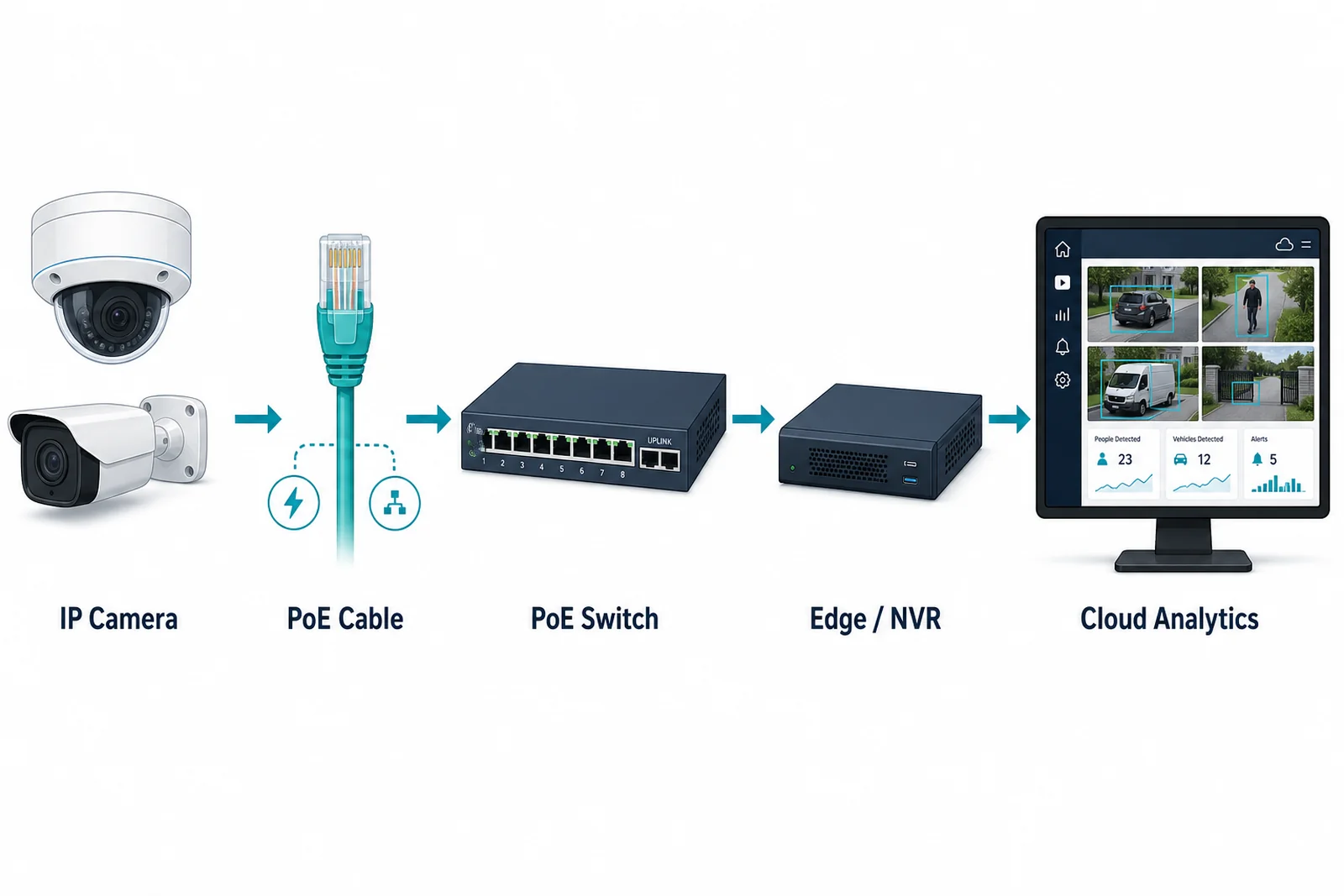 How an IP camera works: an IP camera connects over a PoE cable to a PoE switch, then to an edge server or NVR, then to a cloud analytics dashboard