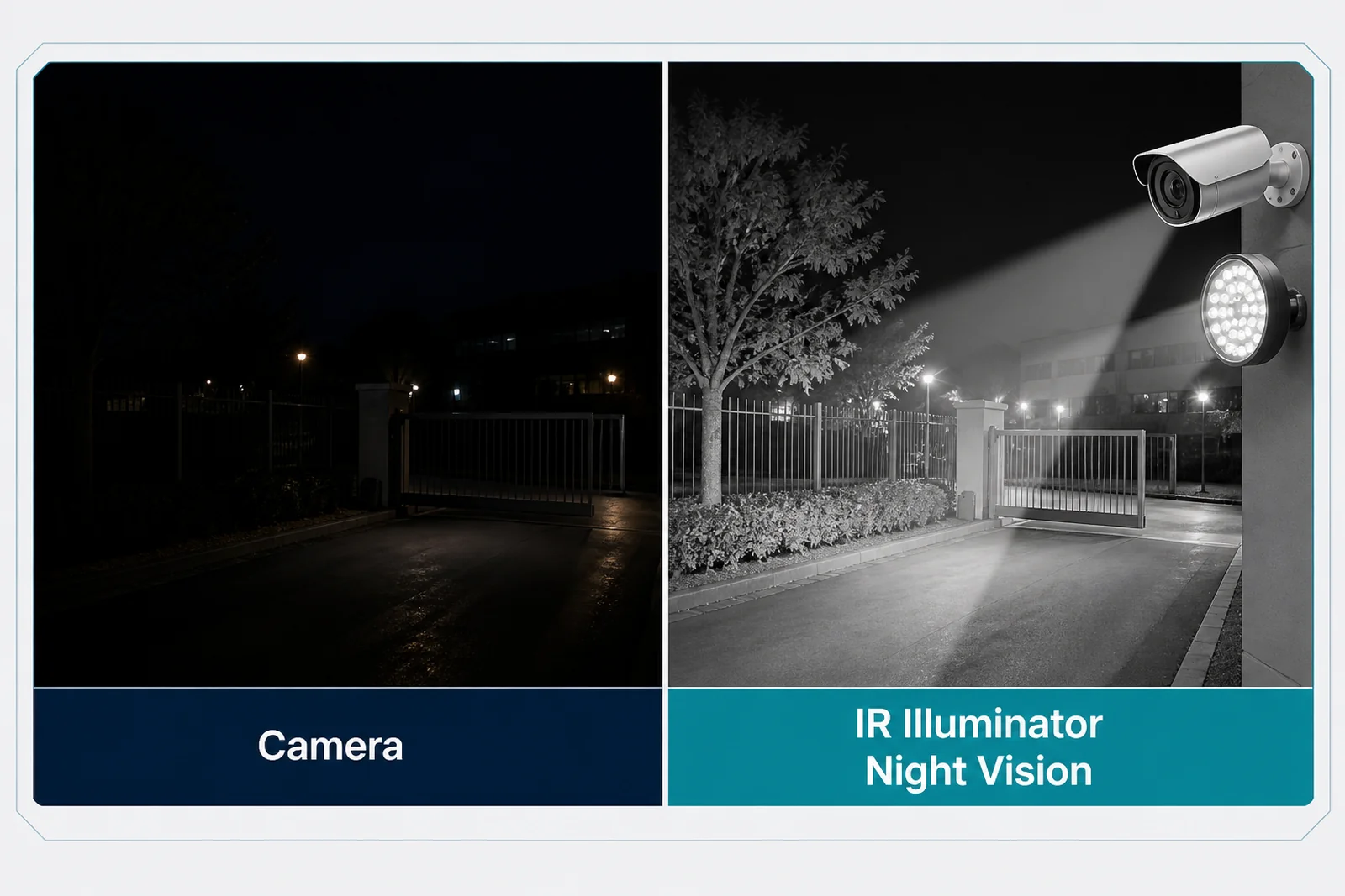 An IR illuminator lighting a dark scene for a camera, enabling clear night vision
