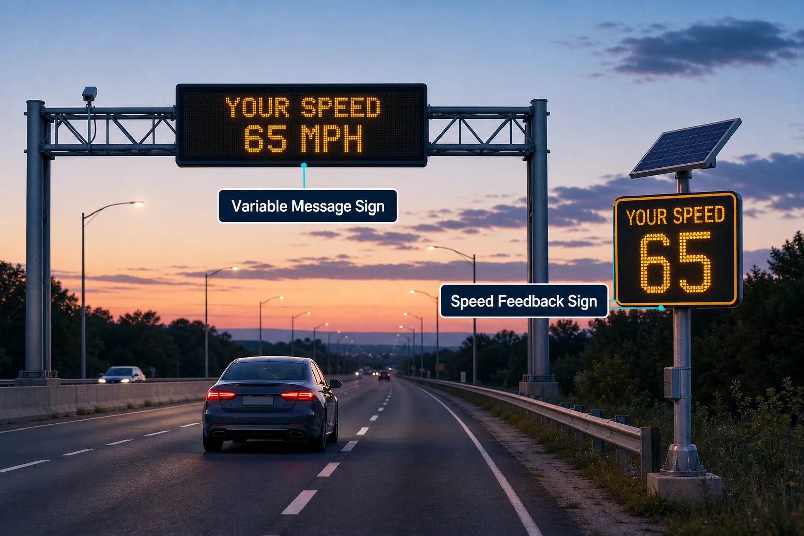 Roadside LED speed feedback sign and overhead variable message sign displaying to a driver
