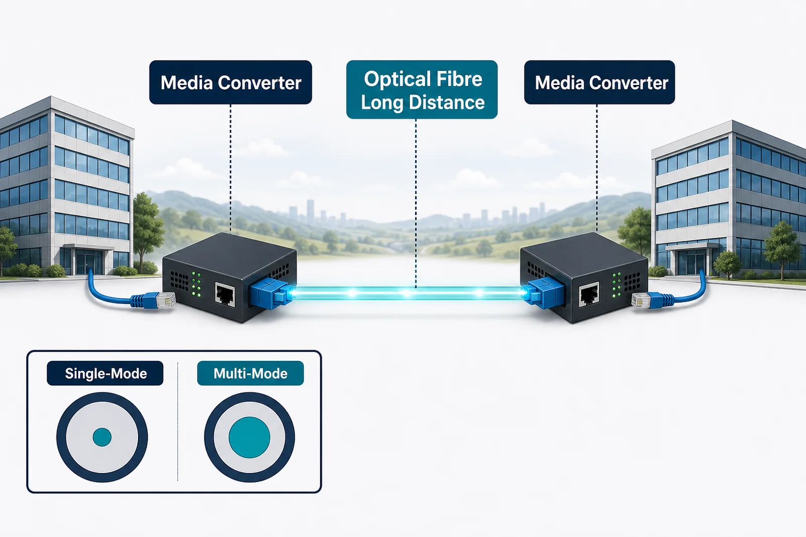 An optical fibre link with media converters carrying light over a long distance between buildings