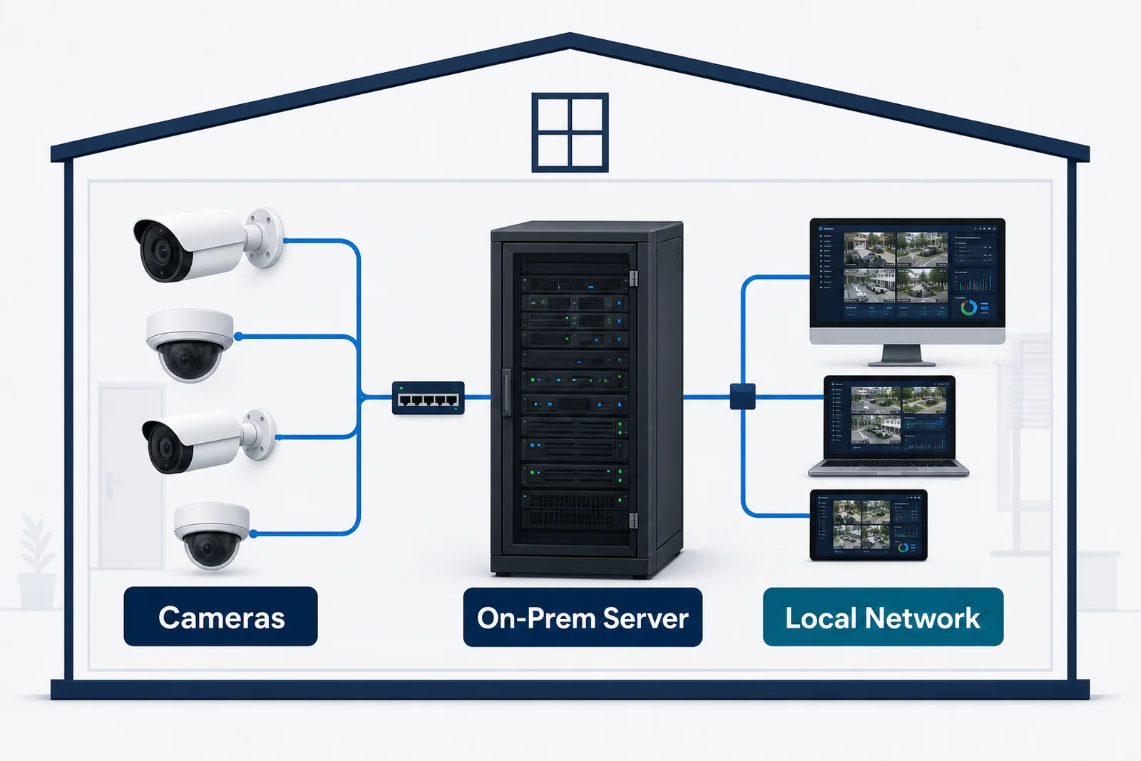 On-premises deployment: cameras feed an on-site server rack serving local dashboards