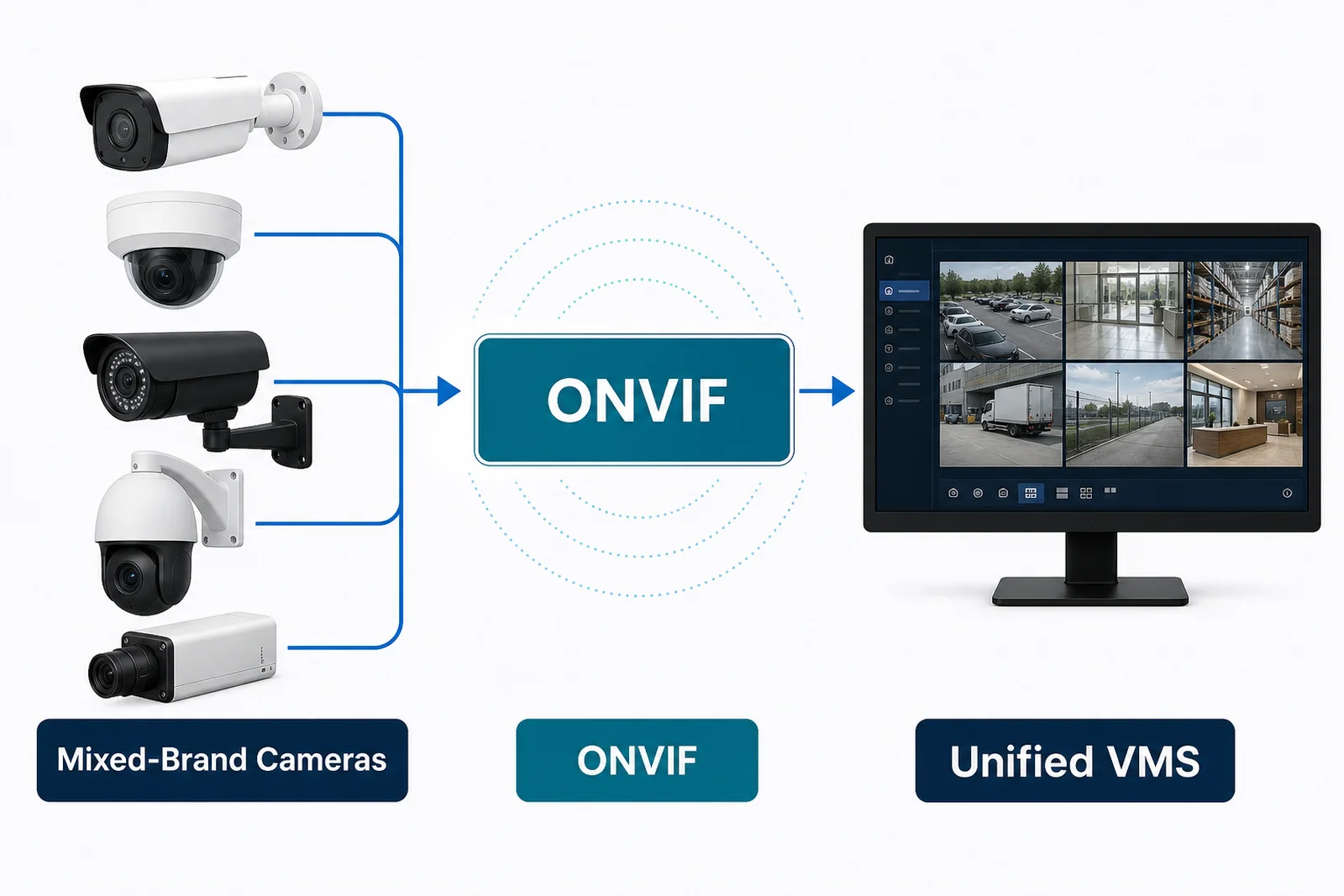 ONVIF lets mixed-brand cameras work together in one unified VMS