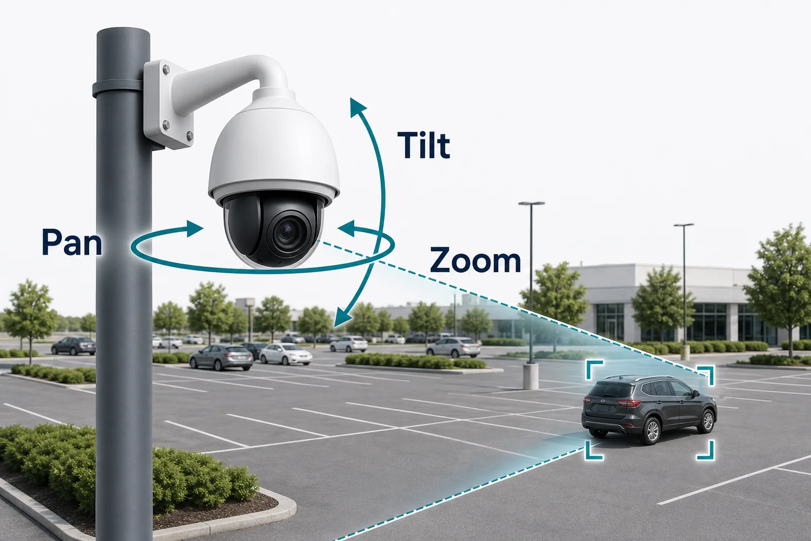 A PTZ camera panning, tilting and zooming to track a moving vehicle