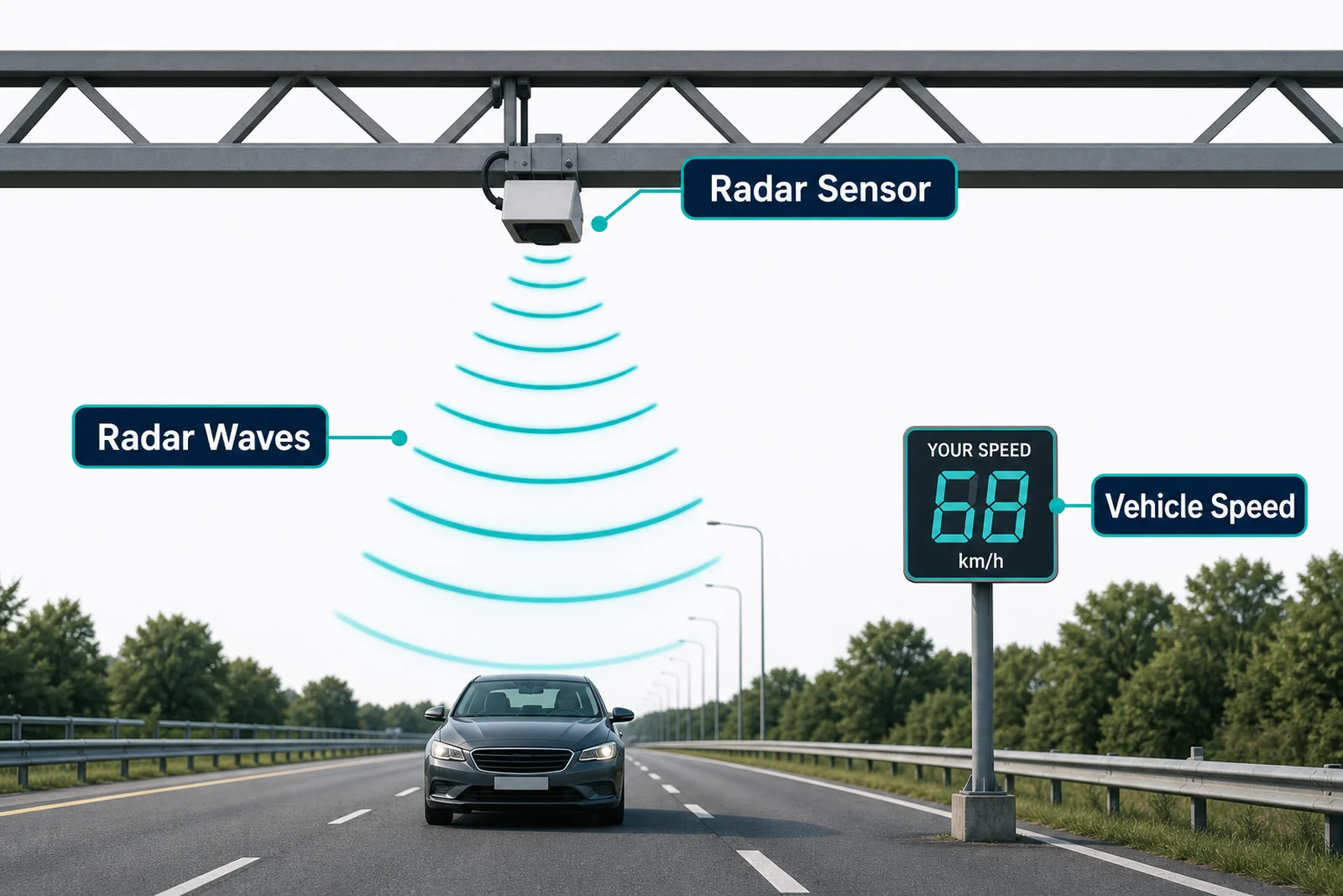 A traffic radar sensor measuring the speed of an approaching vehicle from a gantry
